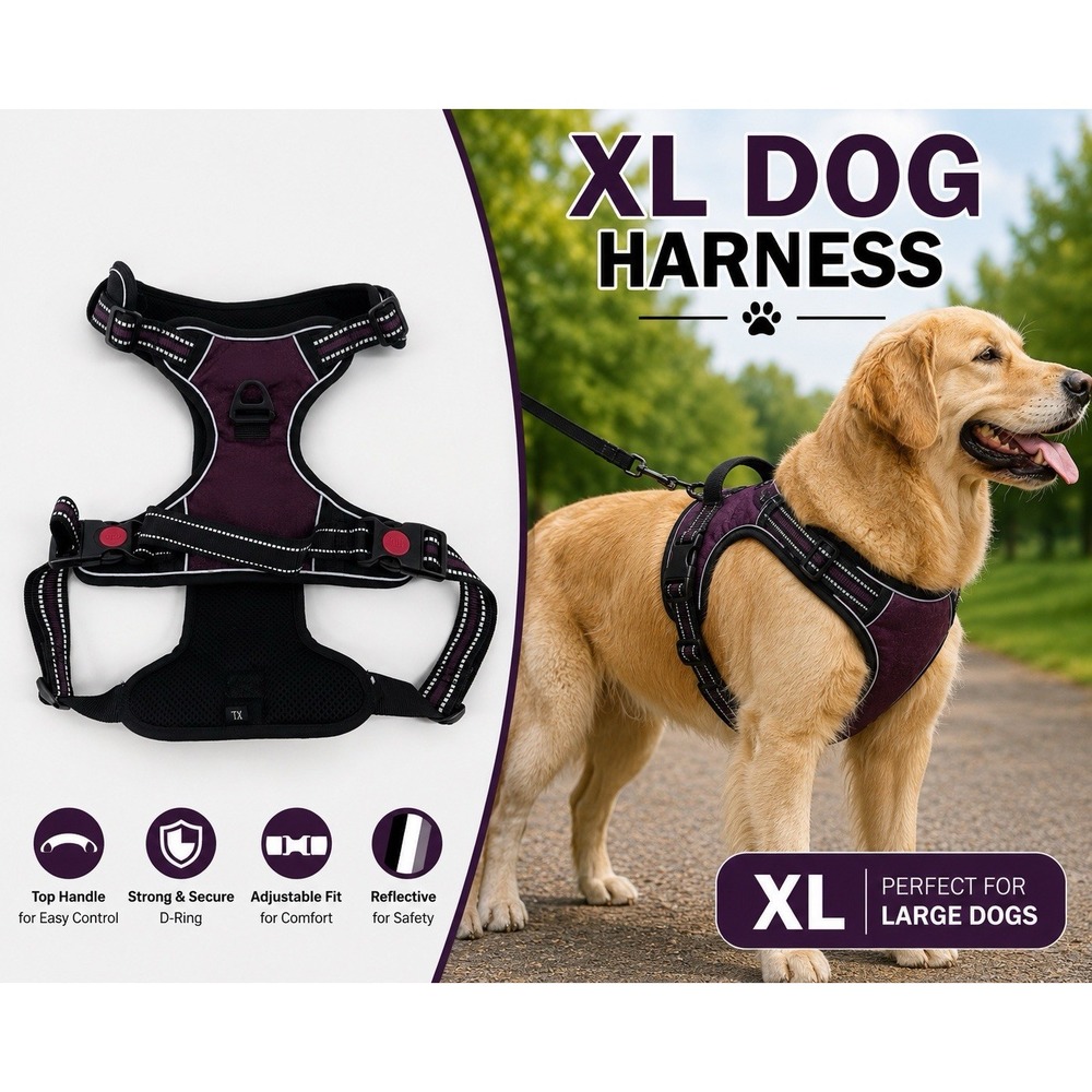 tobeDRI Reflective Dog Harness Purple Black Mesh Adjustable Size XL Pet Vest